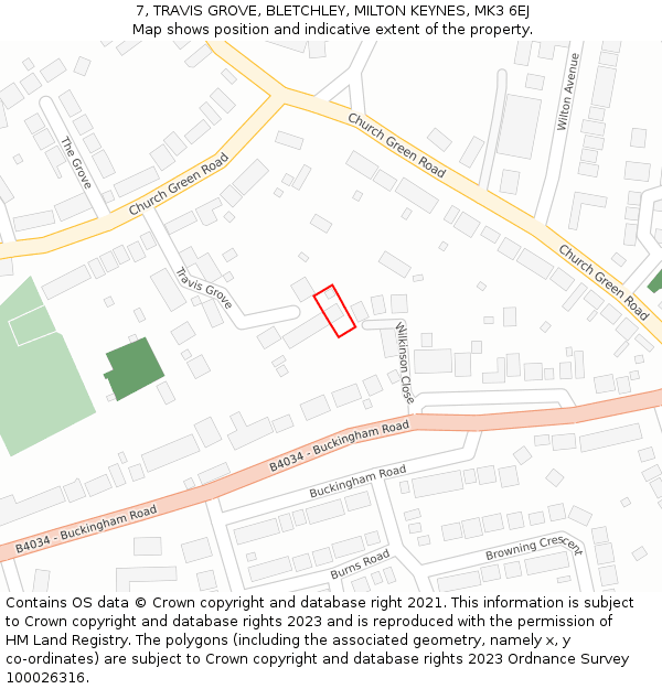 7, TRAVIS GROVE, BLETCHLEY, MILTON KEYNES, MK3 6EJ: Location map and indicative extent of plot