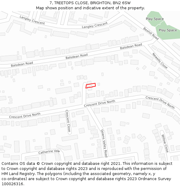 7, TREETOPS CLOSE, BRIGHTON, BN2 6SW: Location map and indicative extent of plot