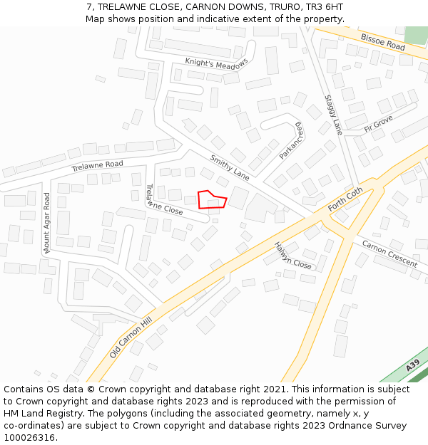7, TRELAWNE CLOSE, CARNON DOWNS, TRURO, TR3 6HT: Location map and indicative extent of plot