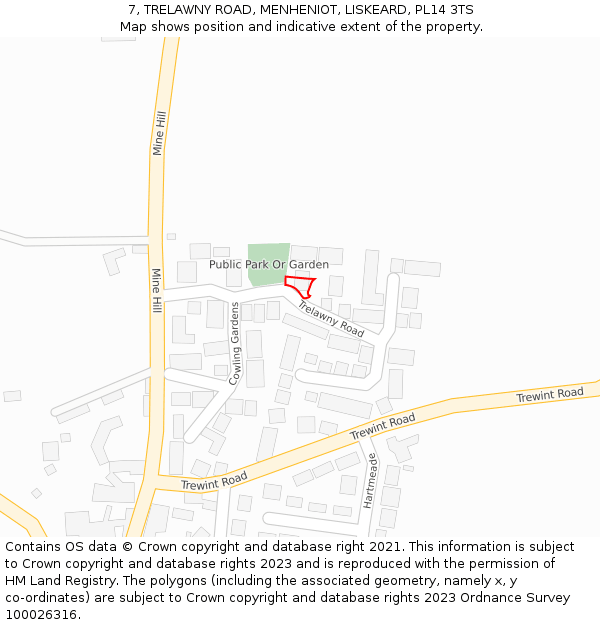 7, TRELAWNY ROAD, MENHENIOT, LISKEARD, PL14 3TS: Location map and indicative extent of plot