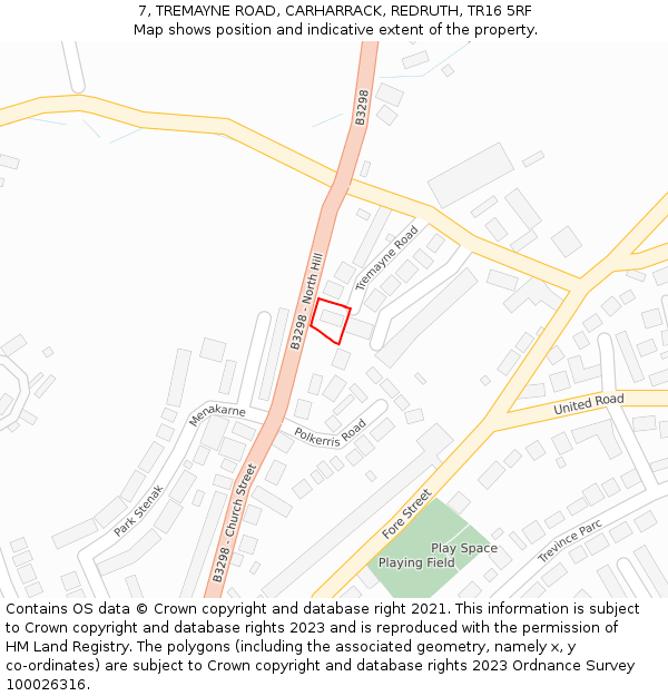 7, TREMAYNE ROAD, CARHARRACK, REDRUTH, TR16 5RF: Location map and indicative extent of plot