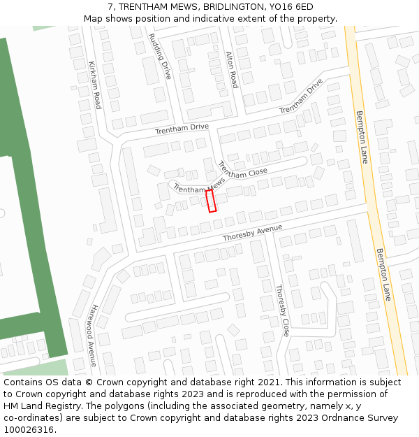 7, TRENTHAM MEWS, BRIDLINGTON, YO16 6ED: Location map and indicative extent of plot