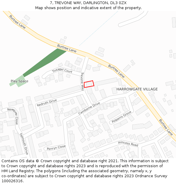 7, TREVONE WAY, DARLINGTON, DL3 0ZX: Location map and indicative extent of plot
