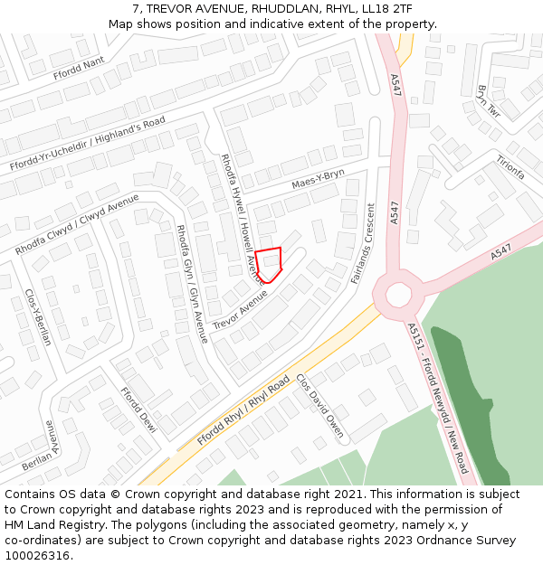 7, TREVOR AVENUE, RHUDDLAN, RHYL, LL18 2TF: Location map and indicative extent of plot