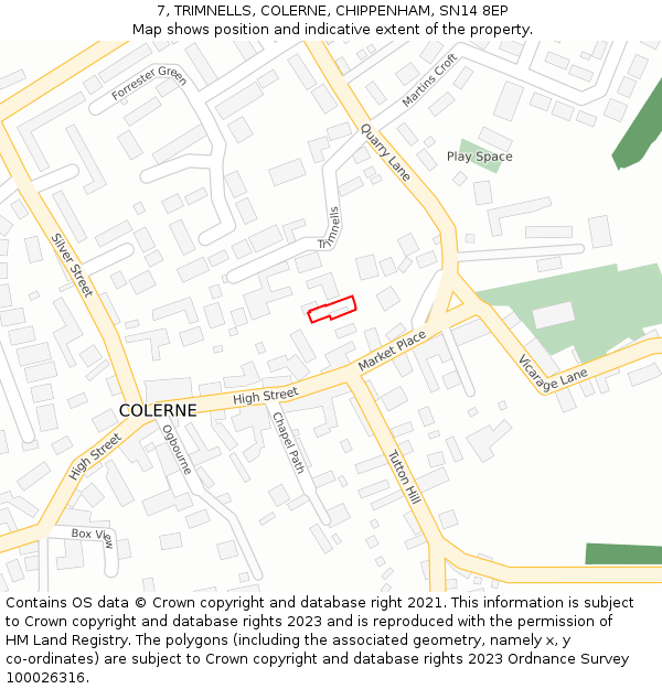 7, TRIMNELLS, COLERNE, CHIPPENHAM, SN14 8EP: Location map and indicative extent of plot