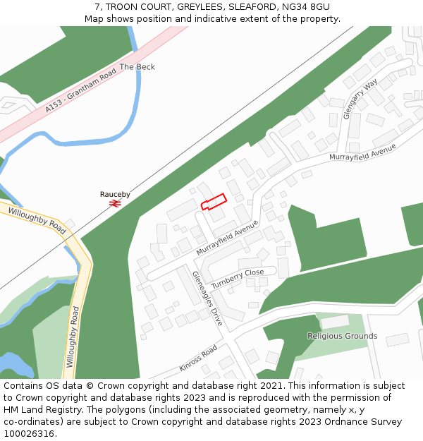 7, TROON COURT, GREYLEES, SLEAFORD, NG34 8GU: Location map and indicative extent of plot