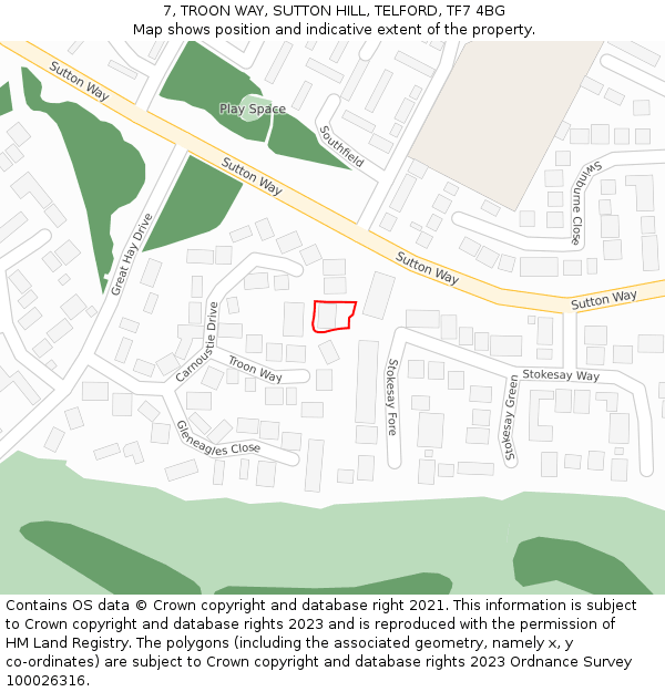 7, TROON WAY, SUTTON HILL, TELFORD, TF7 4BG: Location map and indicative extent of plot