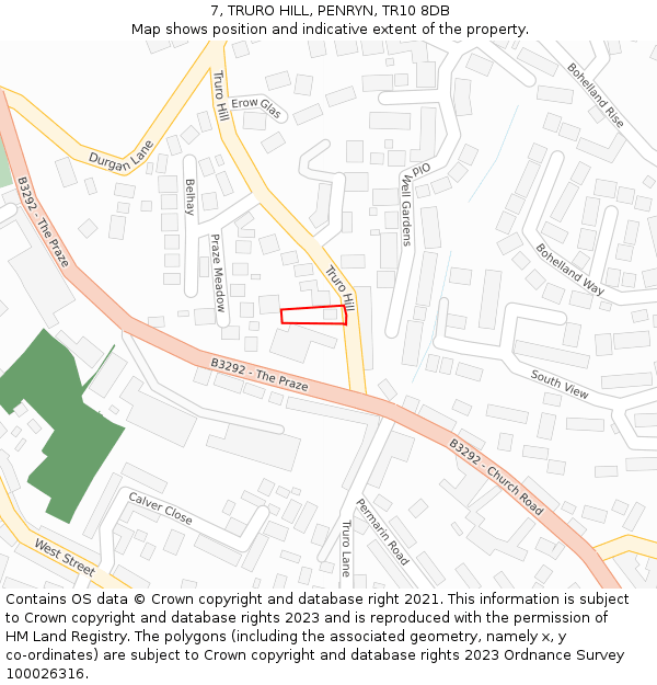 7, TRURO HILL, PENRYN, TR10 8DB: Location map and indicative extent of plot