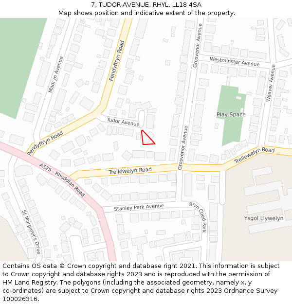 7, TUDOR AVENUE, RHYL, LL18 4SA: Location map and indicative extent of plot