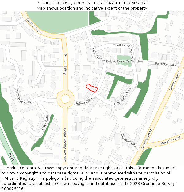 7, TUFTED CLOSE, GREAT NOTLEY, BRAINTREE, CM77 7YE: Location map and indicative extent of plot