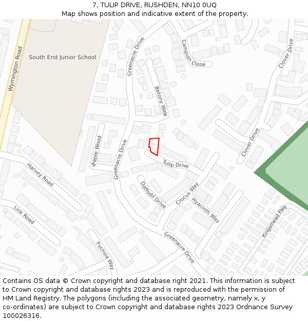 7, TULIP DRIVE, RUSHDEN, NN10 0UQ: Location map and indicative extent of plot