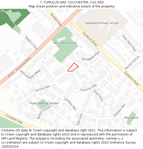 7, TUMULUS WAY, COLCHESTER, CO2 9SD: Location map and indicative extent of plot