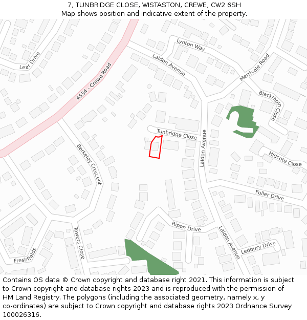 7, TUNBRIDGE CLOSE, WISTASTON, CREWE, CW2 6SH: Location map and indicative extent of plot