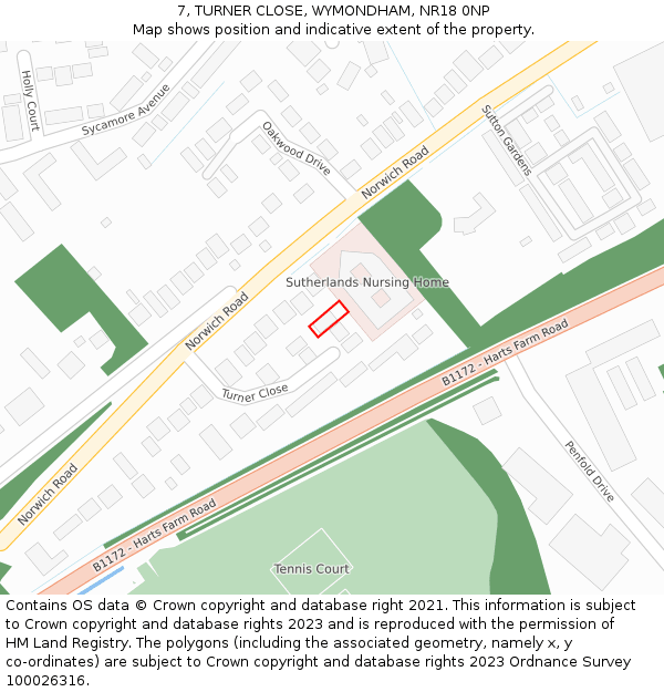 7, TURNER CLOSE, WYMONDHAM, NR18 0NP: Location map and indicative extent of plot