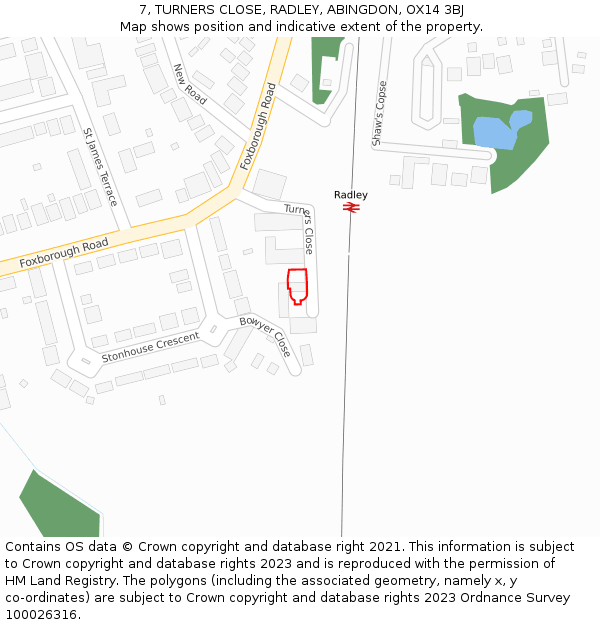 7, TURNERS CLOSE, RADLEY, ABINGDON, OX14 3BJ: Location map and indicative extent of plot