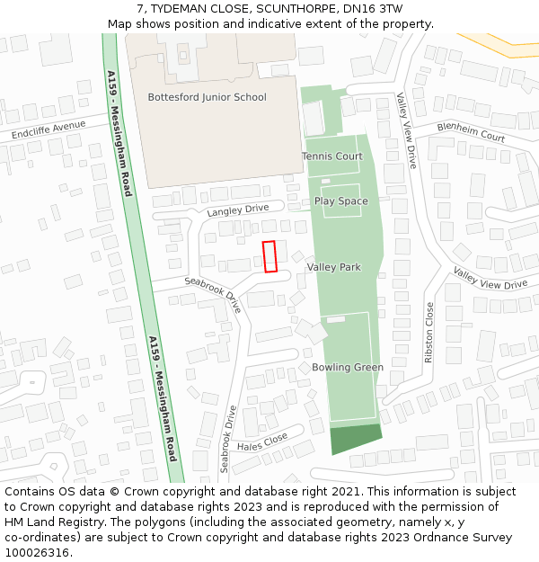 7, TYDEMAN CLOSE, SCUNTHORPE, DN16 3TW: Location map and indicative extent of plot