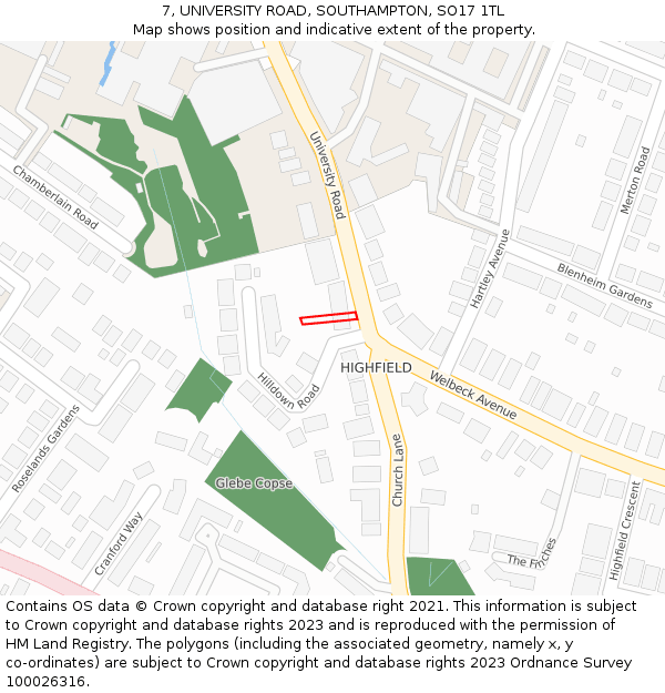 7, UNIVERSITY ROAD, SOUTHAMPTON, SO17 1TL: Location map and indicative extent of plot