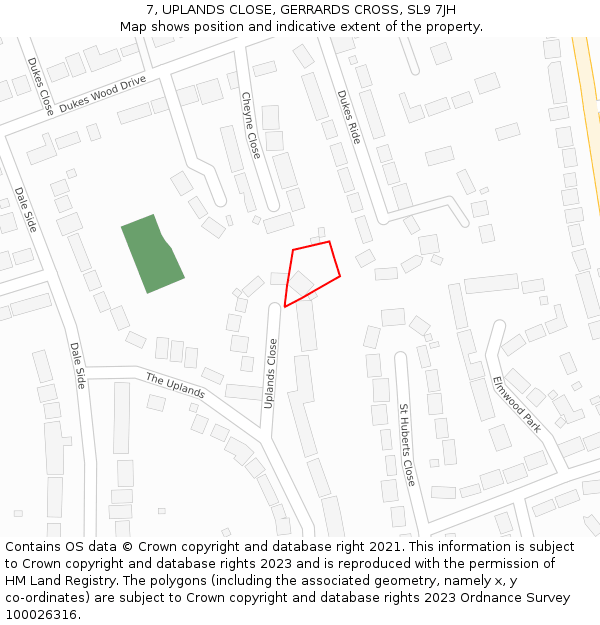 7, UPLANDS CLOSE, GERRARDS CROSS, SL9 7JH: Location map and indicative extent of plot