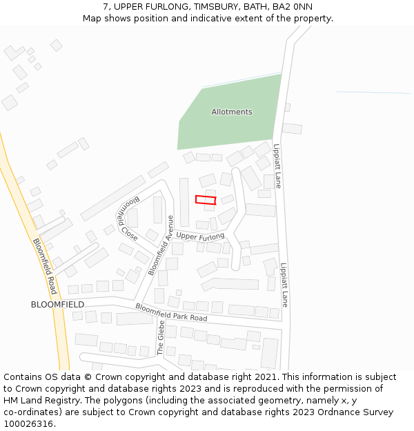 7, UPPER FURLONG, TIMSBURY, BATH, BA2 0NN: Location map and indicative extent of plot
