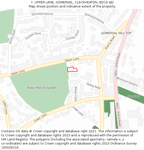 7, UPPER LANE, GOMERSAL, CLECKHEATON, BD19 4JD: Location map and indicative extent of plot