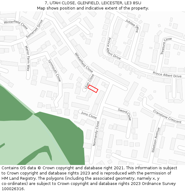 7, UTAH CLOSE, GLENFIELD, LEICESTER, LE3 8SU: Location map and indicative extent of plot