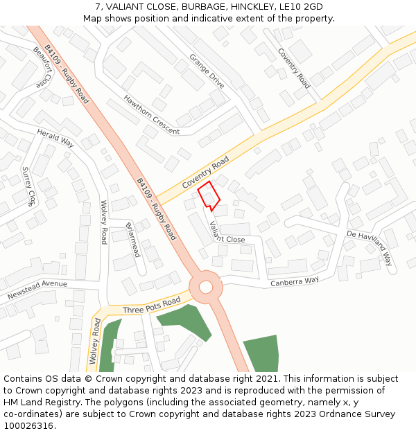 7, VALIANT CLOSE, BURBAGE, HINCKLEY, LE10 2GD: Location map and indicative extent of plot