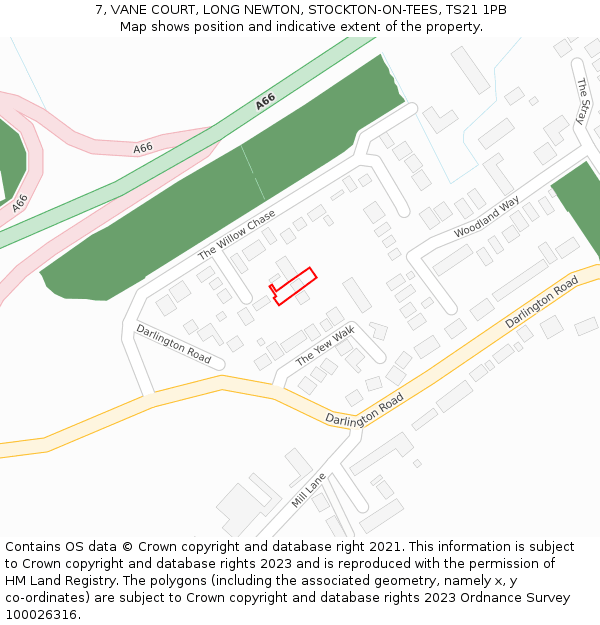 7, VANE COURT, LONG NEWTON, STOCKTON-ON-TEES, TS21 1PB: Location map and indicative extent of plot