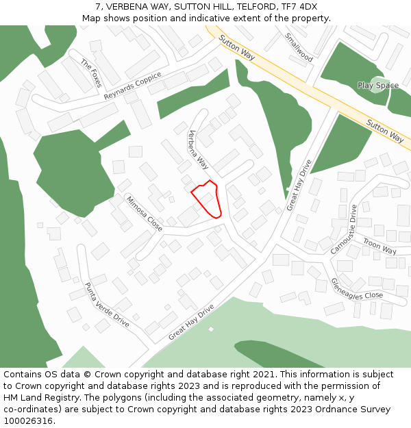 7, VERBENA WAY, SUTTON HILL, TELFORD, TF7 4DX: Location map and indicative extent of plot