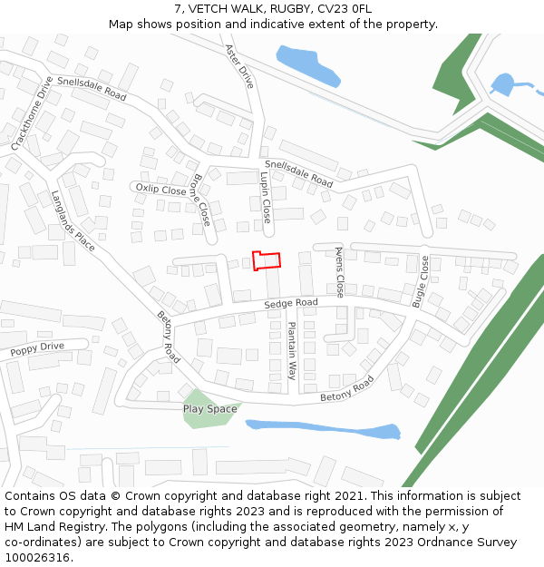 7, VETCH WALK, RUGBY, CV23 0FL: Location map and indicative extent of plot