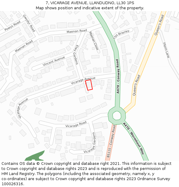 7, VICARAGE AVENUE, LLANDUDNO, LL30 1PS: Location map and indicative extent of plot