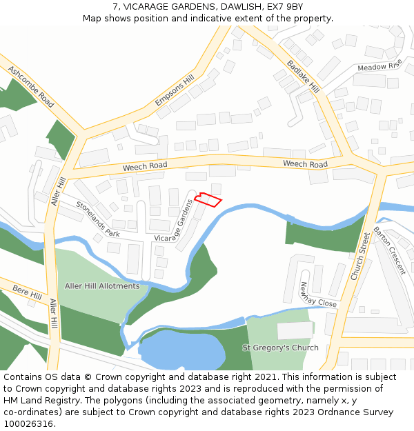 7, VICARAGE GARDENS, DAWLISH, EX7 9BY: Location map and indicative extent of plot