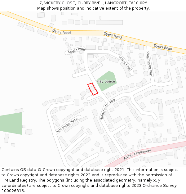 7, VICKERY CLOSE, CURRY RIVEL, LANGPORT, TA10 0PY: Location map and indicative extent of plot