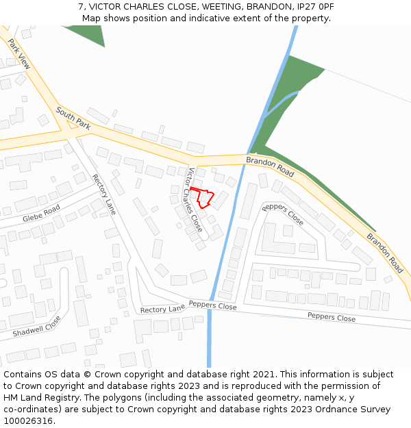 7, VICTOR CHARLES CLOSE, WEETING, BRANDON, IP27 0PF: Location map and indicative extent of plot