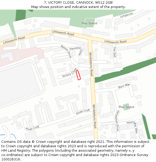 7, VICTORY CLOSE, CANNOCK, WS12 2GB: Location map and indicative extent of plot