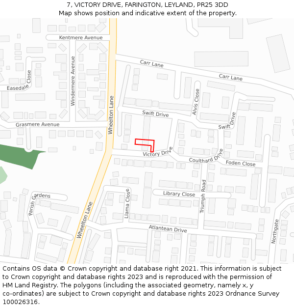 7, VICTORY DRIVE, FARINGTON, LEYLAND, PR25 3DD: Location map and indicative extent of plot