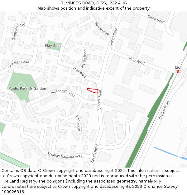 7, VINCES ROAD, DISS, IP22 4HG: Location map and indicative extent of plot