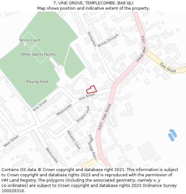 7, VINE GROVE, TEMPLECOMBE, BA8 0JU: Location map and indicative extent of plot