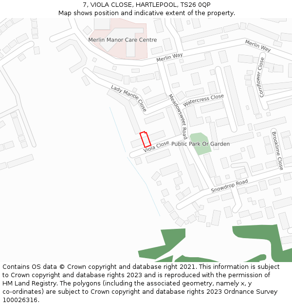 7, VIOLA CLOSE, HARTLEPOOL, TS26 0QP: Location map and indicative extent of plot