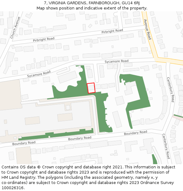 7, VIRGINIA GARDENS, FARNBOROUGH, GU14 6RJ: Location map and indicative extent of plot