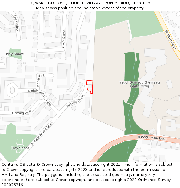 7, WAKELIN CLOSE, CHURCH VILLAGE, PONTYPRIDD, CF38 1GA: Location map and indicative extent of plot