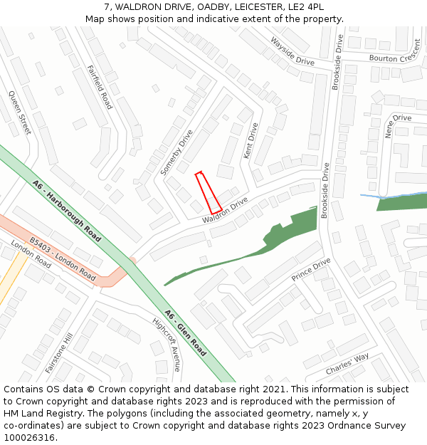 7, WALDRON DRIVE, OADBY, LEICESTER, LE2 4PL: Location map and indicative extent of plot