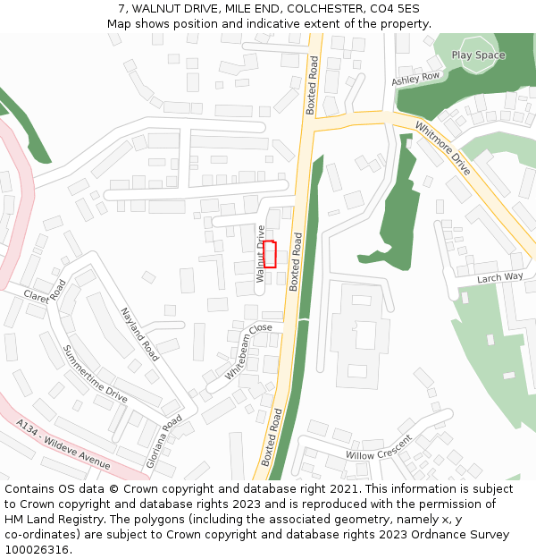 7, WALNUT DRIVE, MILE END, COLCHESTER, CO4 5ES: Location map and indicative extent of plot