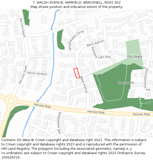 7, WALSH AVENUE, WARFIELD, BRACKNELL, RG42 3XZ: Location map and indicative extent of plot