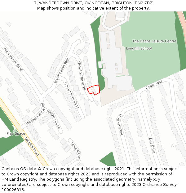 7, WANDERDOWN DRIVE, OVINGDEAN, BRIGHTON, BN2 7BZ: Location map and indicative extent of plot