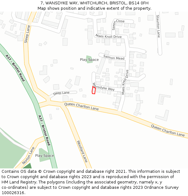 7, WANSDYKE WAY, WHITCHURCH, BRISTOL, BS14 0FH: Location map and indicative extent of plot