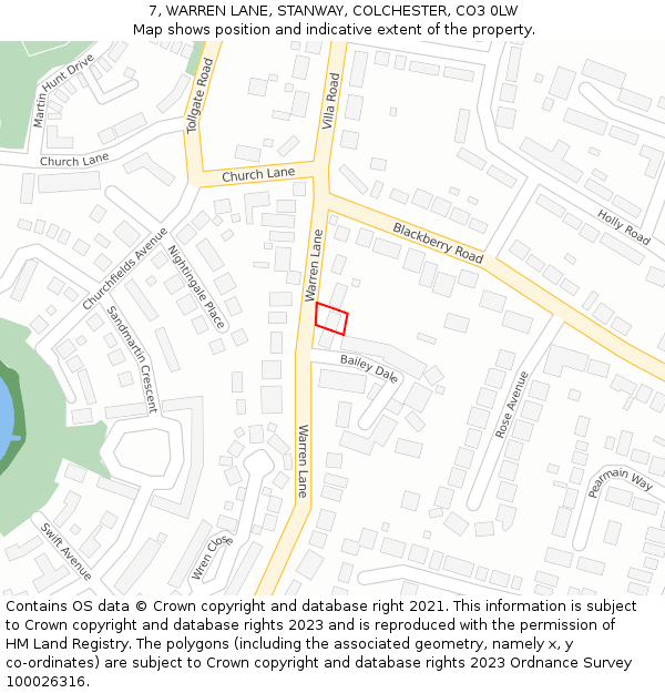 7, WARREN LANE, STANWAY, COLCHESTER, CO3 0LW: Location map and indicative extent of plot