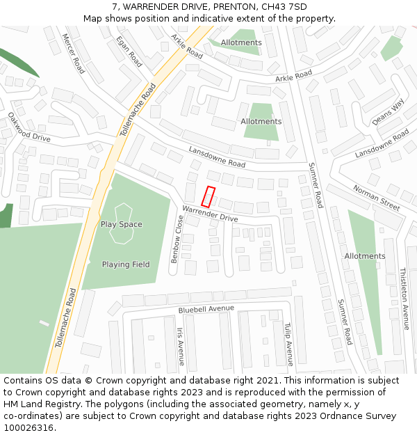 7, WARRENDER DRIVE, PRENTON, CH43 7SD: Location map and indicative extent of plot