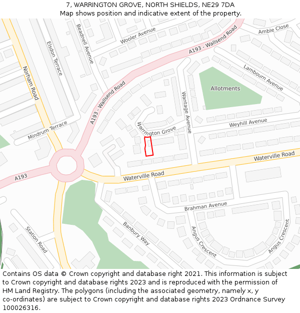 7, WARRINGTON GROVE, NORTH SHIELDS, NE29 7DA: Location map and indicative extent of plot