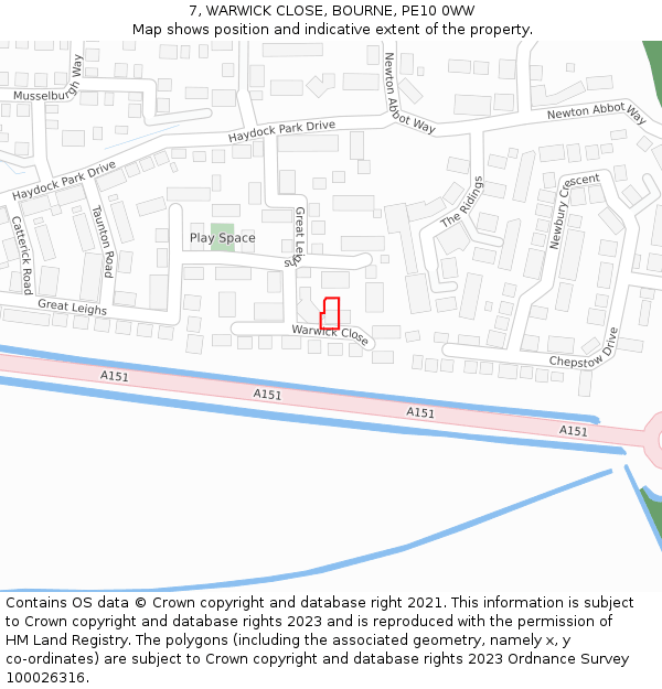 7, WARWICK CLOSE, BOURNE, PE10 0WW: Location map and indicative extent of plot