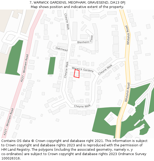 7, WARWICK GARDENS, MEOPHAM, GRAVESEND, DA13 0PJ: Location map and indicative extent of plot